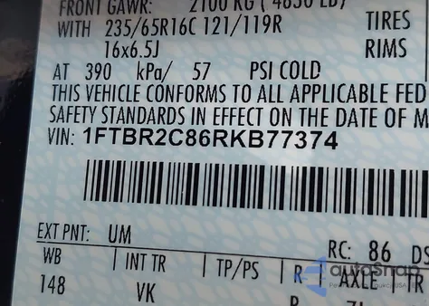 2024 Ford Transit-250 z USA, uszkodzony, nr VIN 1FTBR2C86RKB77374